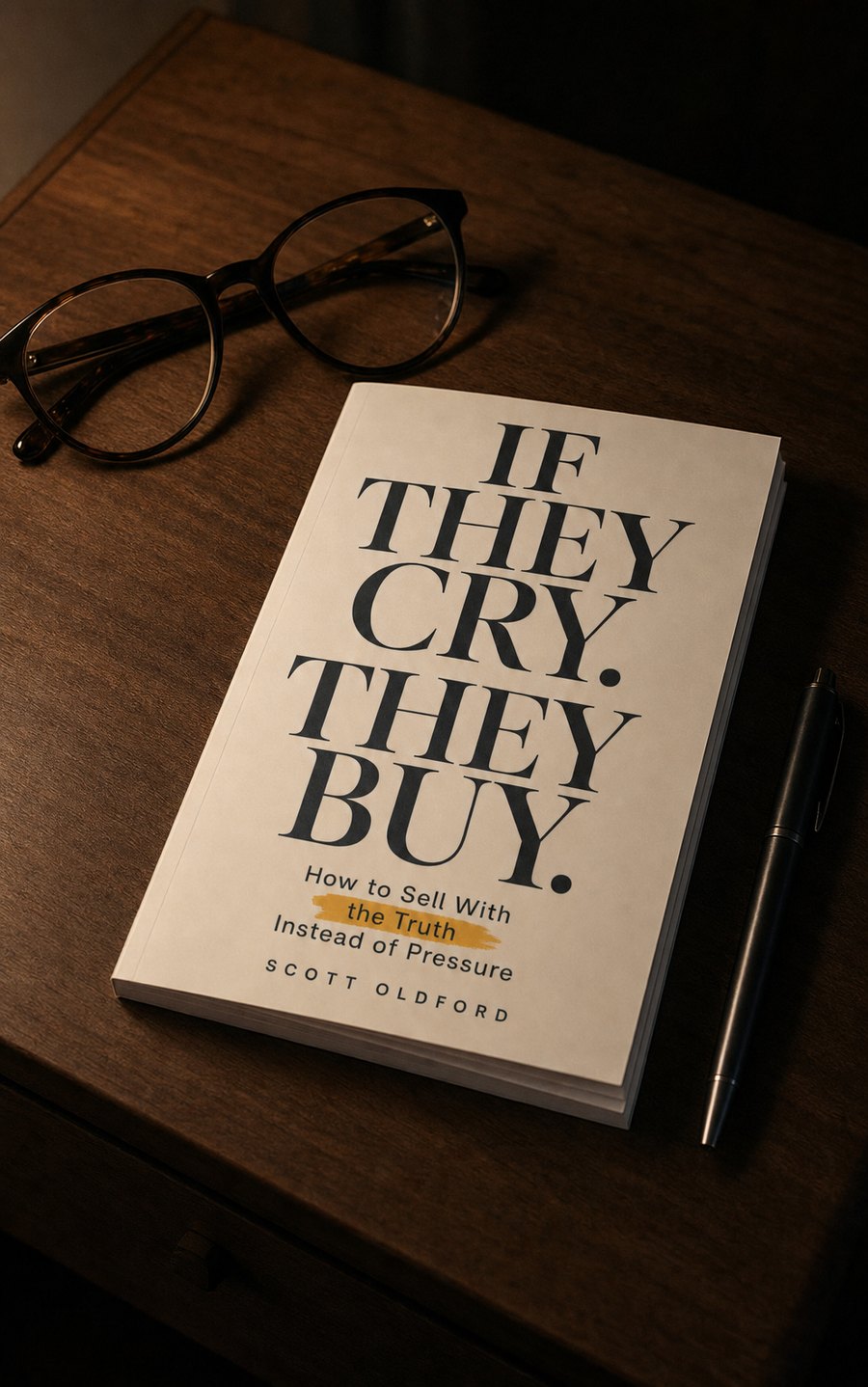 The paperback resting on a wooden nightstand beside a pair of glasses and a pen.